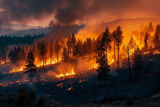 View of a forest fire is raging through a forest, with smoke and flames visible in the air. The
