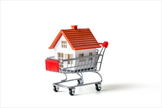Real estate shopping concept, a house is a shopping cart isolated on white background, AI generated