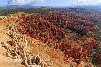 Wide panorama over a deeply eroded red rock landscape, Bryce Canyon National Park, North America,