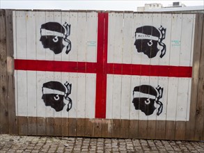 Flag of Sardinia, painting on a wooden wall, Sassari, Sardinia, Italy, Europe