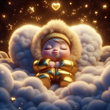 A baby sleeps peacefully in clouds wearing a winter hat with stars and hearts in the sky, AI