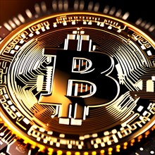 Symbol image for Bitcoin, cryptocurrency, close-up, golden coin with blur, AI generated, AI