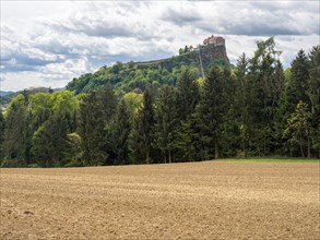 Farmland, behind Riegersburg with lift, Riegersburg, Styrian volcanic region, Styria, Austria,