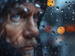 Bad weather, person looks sadly outside through a rainy window pane, AI generated