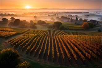 AI generated aerial view of a vineyard in autumn bathed in sunrise