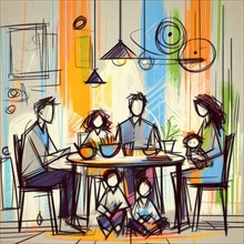 Abstract sketch of a family sharing a meal at the dining table, AI generated