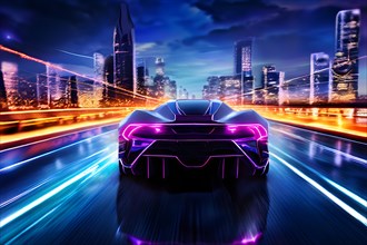 AI generated illustration of a futuristic Sports Car On Neon Highway with powerful acceleration