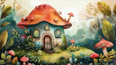 A whimsical illustration of a house designed like a red mushroom surrounded by nature, AI generated