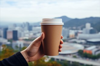Hand holding brown paper coffee cup with blurry city in background. KI generiert, generiert, AI