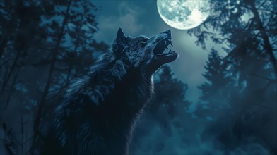 A haunting image of a wolf howling into the night sky with a full moon overhead, AI generated