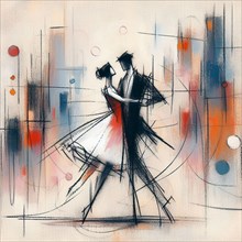 An abstract representation of a dancing couple in elegant attire with a splash of red, AI generated