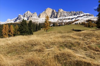Autumn mountain scenery with dry grass and snow-covered peaks, Italy, Alto Adige, Bolzano province,