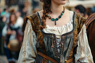 Woman's medieval style fantasy role playing dress costume at renaissance fair. KI generiert,