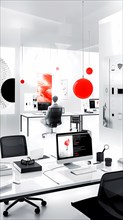 A clean, minimalistic office setup in grayscale with red highlights indicating a modern workspace,