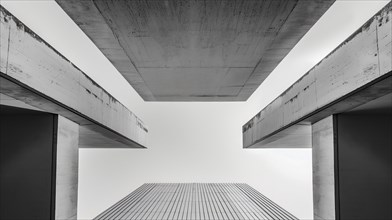Image of an underpass with strong lines and symmetry in greyscale, highlighting its structure, AI