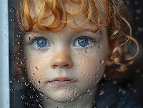 Bad weather, child looks sadly outside through a rainy window pane, AI generated