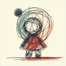 Whimsical crayon sketch of a childlike figure in motion with abstract circular shapes, AI generated