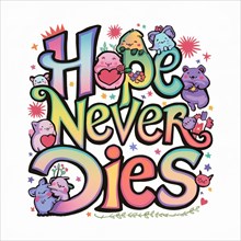 Illustration of cheerful cartoon bears and positive message 'Hope Never Dies' among flowers and
