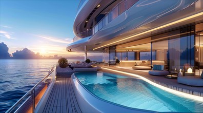 A large luxury yacht with a pool on the side of it. The pool is surrounded by a railing and has a