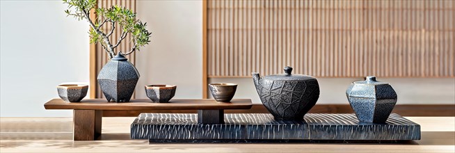 A modern take on the traditional Japanese tea ceremony, presented in a minimalist setting that