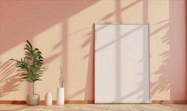 A blank image frame mockup on a pale peach wall in a Scandinavian-style interior room AI generated