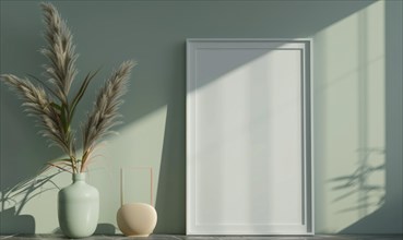 A blank image frame mockup on a soft sage green wall AI generated