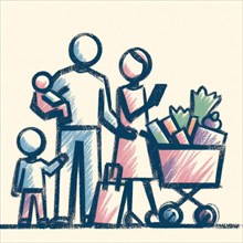 Abstract sketch of a family with a shopping cart full of groceries, AI generated