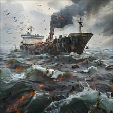 A burning ship wrecks in the stormy sea, surrounded by smoke and flying Birds, pollution,