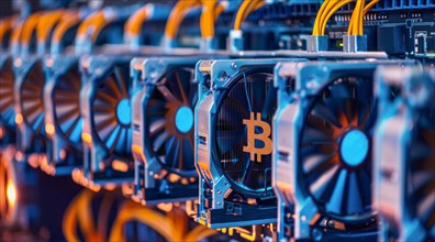 Bitcoin crypto farm dealing with bitcoin mining, AI generated