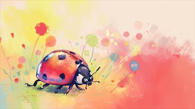 A whimsical illustration of a ladybug amidst vibrant watercolor flowers, AI generated