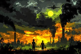 Two silhouetted children watching a dystopian skyline with warplanes under an orange sunset, 3D,