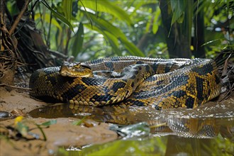 Large anaconda in the tropical forest, AI generated