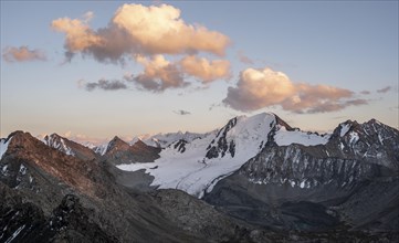 Mountain peaks with glaciers at sunset, Ala Kul Pass, Tien Shan Mountains, Kyrgyzstan, Asia