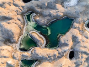 Barren landscape with turquoise lakes, aerial view, top-down view, Chong-Alay District, Kyrgyzstan,