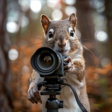 A squirrel stands behind a camera in the forest, AI generated