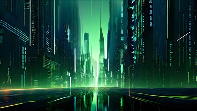 AI generated illustration of a cityscape with skyscrapers and holographic elements in green color