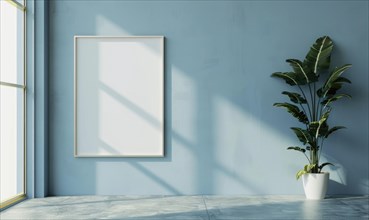 A blank image frame mockup on a pale gray-blue wall in a minimalistic modern interior room AI