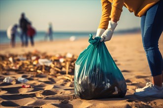 People collecting plastic garbage at beach. KI generiert, generiert, AI generated