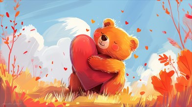 A joyful bear cuddles a heart amidst vibrant autumn leaves under a sunny sky, AI generated
