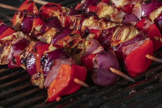 Grilled skewers with Sweet peppers, onions and pieces of chicken on a charcoal grill with visible