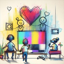 Colorful abstract drawing of children engaging with music and video games, AI generated