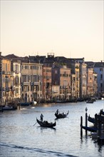 View over the Grand Canal with gondoliers in the evening light, from the Rialto Bridge, Venice,