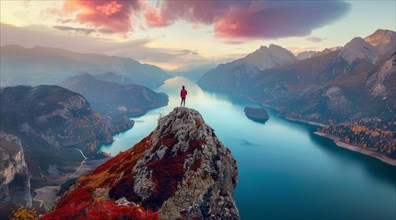 A man stands on a mountain top overlooking a beautiful lake. Concept of personal success, AI