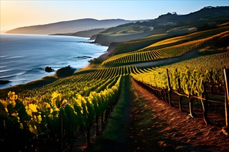 AI generated panoramic view of a coastal vineyard with ocean in the background in ambient light