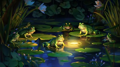A peaceful gathering of frogs on lily pads, under the shimmering moonlight, AI generated