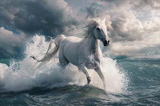 White horse running in the sea, AI generated