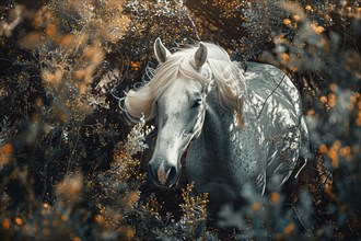 Portrait of a white horse in a thicket, AI generated