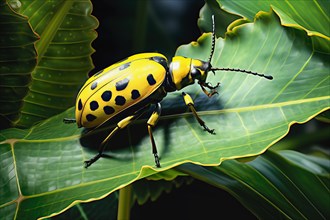 Stylized spotted cucumber beetle on a green leave, AI generated