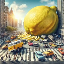Imaginative urban scene featuring a giant lemon overwhelming the streets with vehicles and