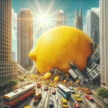 Surreal urban scene dominated by a giant lemon resting between skyscrapers, with vehicles and